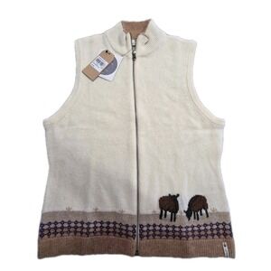 VTG Woolrich Vest Womens Size Medium Cream 100% Lambswool Grazing Sheep Full Zip